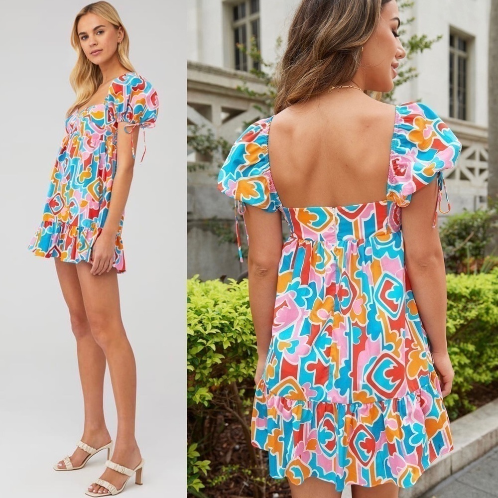 AMANDA UPRICHARD 90s Abstract Graphic Print Puff Short Sleeve Babydoll Dress L‎ - Picture 5 of 16